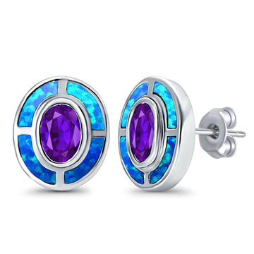 Oval Amethyst Stud Earrings Lab Created Blue Opal Simulated CZ 925 Sterling Silver (13mm)